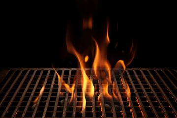 Grill grate with flames on black background - obrazy, fototapety, plakaty