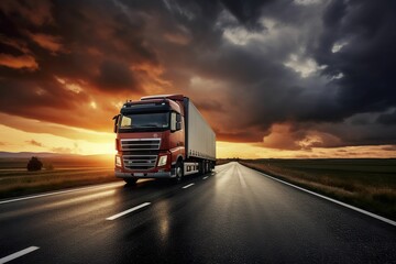 Truck driving on the highway at sunset, trucking advertising, trucking logistics transportation
