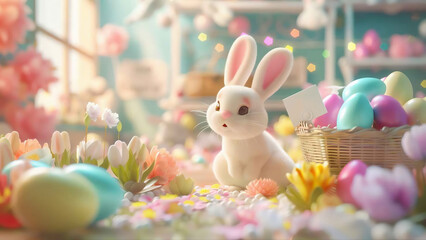 cute bunny sold Easter eggs in a little shop with soft light and dreamlike theme background