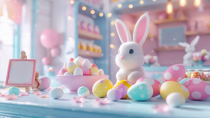 cute bunny sold Easter eggs in a little shop with soft light and dreamlike theme background
