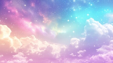 Holographic fantasy rainbow unicorn background with clouds and stars. Pastel color sky.