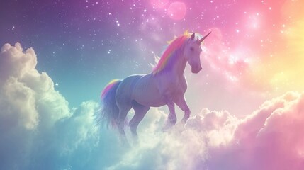 Obraz na płótnie Canvas Holographic fantasy rainbow unicorn background with clouds and stars. Pastel color sky.