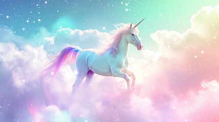 Holographic fantasy rainbow unicorn background with clouds and stars. Pastel color sky.