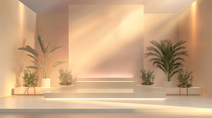 Minimal  stage with pastel backdrop and green plants decorated