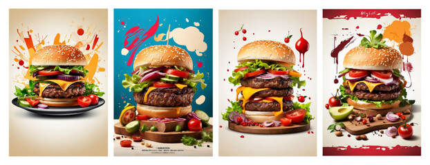 Vector art posters of a burger and grilled meat restaurant invites viewers to enjoy delicious flavors and exciting sensations, surrounded by delicious grilled meats, fresh ingredients and spices. - obrazy, fototapety, plakaty