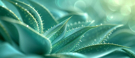 Fototapeta premium Aloe leaves dance in the breeze by the tranquil shores, tinged with shades of seafoam and sand.