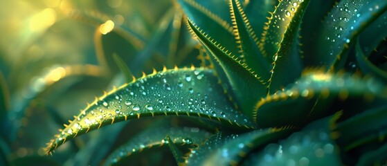 Fototapeta premium Aloe leaves thrive in the heart of a lush woodland, bathed in the emerald hues of moss and fern.