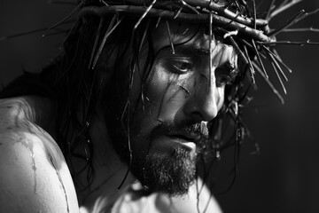 Jesus Christ wearing crown of thorns Passion and Resurection - obrazy, fototapety, plakaty