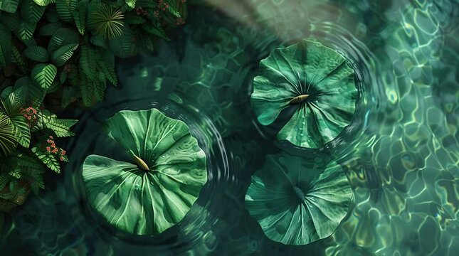 Lotus Leaf Floating Gracefully on Calm Water Surface: Symbol of Serenity Seamless looping 4k time-lapse virtual video animation background. Generated AI