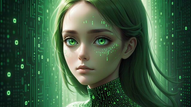 green binary code matrix girl