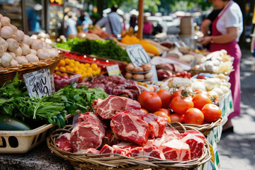 Fototapeta na wymiar Local market with fresh farm products. Choice meat on street counter