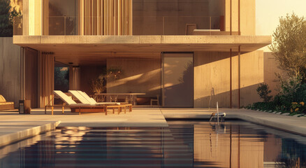 a luxury villa with a big swimming pool at sunset