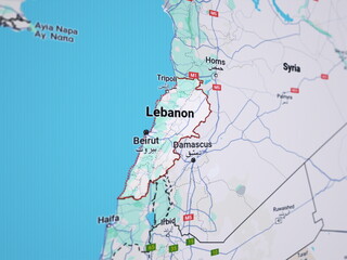 3d rendering illustration of LCD screen with Lebanon map close up