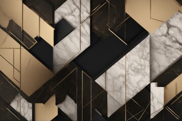 3d minimalist art. Golden lines, marble squares, black in light dark brown textured background, Generative AI