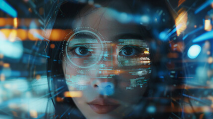 Fototapeta na wymiar Young woman looking at hologram screen. Future technology concept.