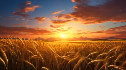 Fotobehang A wheat field. The ears of golden wheat are illuminated by the setting sun. Rural landscape under bright sunlight. The concept of a rich harvest. © Cherkasova Alie