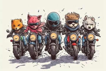 Cartoon cute doodles of a lively motorcycle gang with adorable animal riders, cruising down the open road, Generative AI