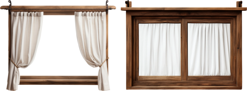 wooden window with curtains isolated on white background