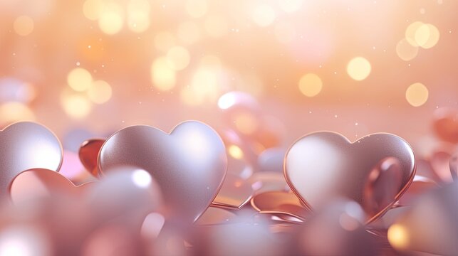 Abstract 3D golden silver rose gold heart sparkle lights bokeh background. New year-valentine's day. for artwork graphic design. copy text space.
