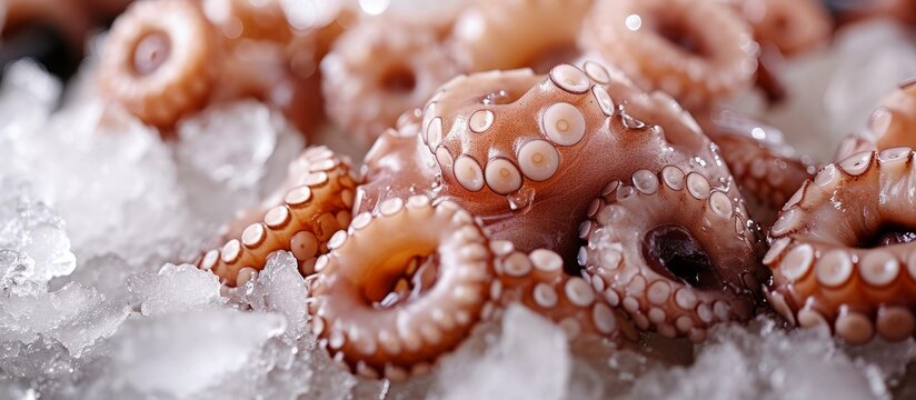 A macro photograph capturing the intricate patterns and vibrant colors of an octopus displayed on ice. A visually striking image combining elements of invertebrate cuisine and natural materials