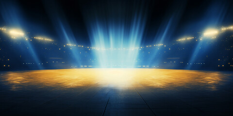 Arena blue and yellow lights background, Stadium lights with ground rays