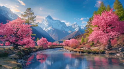 Tableaux ronds sur aluminium brossé Everest  Blooming pink cherry blossom on tree on the way travel trip to Mardi Himal, Himalaya area, China.