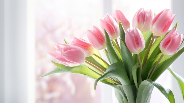 Bouquet of pink tulips for congratulations on Mother's Day, Valentine's Day, Women's Day. Blurred background.