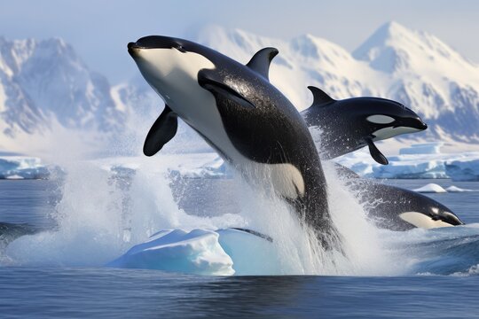 Orcas breaching in the Arctic waters, real photo Killer Whale, AI generated