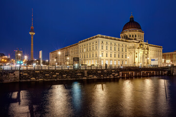 The rebuilt City Palace and the Television Tower in Berlin at night