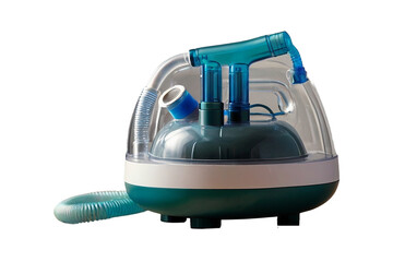 Medical equipment for inhalation with respiratory mask, nebulizer on a white background. Respiratory medicine. Asthma breathing treatment. Bronchitis, asthmatic health equipment