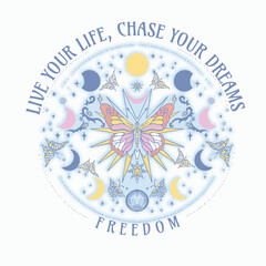 Live your life, chase your dreams.Mystic order.CELESTIAL SUN MOON RETRO TSHIRT GRAPHICS DESIGN