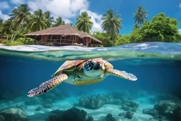 Fotobehang Sea turtle swimming in the ocean of a tropical island © Kien