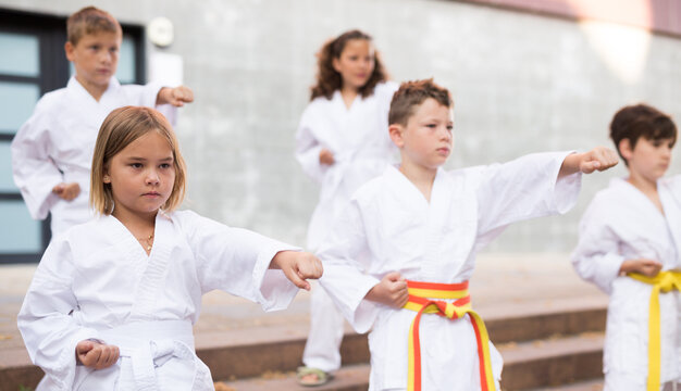 Several children are standing in the fighting stance karate