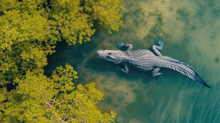 Fototapeta premium Aerial view captures a crocodile at Cayo Centro, showcasing its presence in the serene waters, Ai Generated.