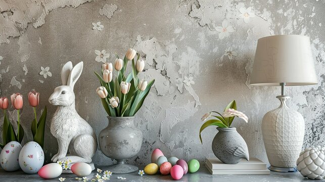 Interior design of easter dining room with colorful eggs, white hare sculptures, vase with tulips, plants, lamp, beige wall with stucco, gray hen and personal accessories. Home decor. Template