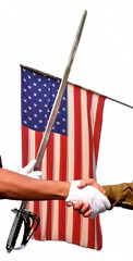 Handshake with sword on American flag in white background