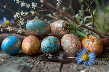 Fototapeta na wymiar Hand-Painted Blue Easter Eggs with Yellow Spring Flowers