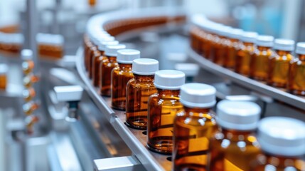 Precise medical vials moving on a production line in a pharmaceutical factory. Ai Generated
