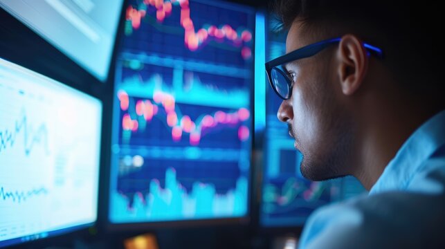 Finance trade manager analyzes stock market indicators for optimal investment strategy, Ai Generated.