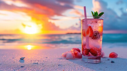 Cold summer mixed cocktail on sandy beach at sunset, Ai Generated. - obrazy, fototapety, plakaty
