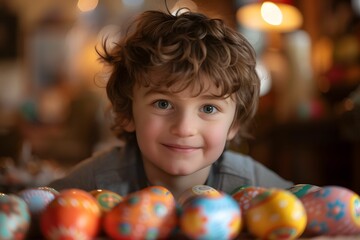 Fototapeta na wymiar Smiling Curly-Haired Child with Easter Eggs