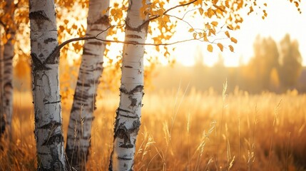Birch trunks stand tall in a field, a bokeh background adds a dreamy allure, Ai Generated. - obrazy, fototapety, plakaty