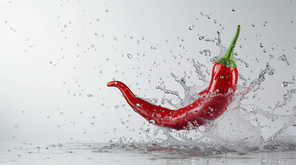 red chilli pepper flying with water splash isolated on white background. red chili water splash floating in the air