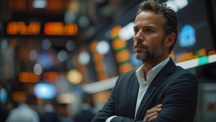 Fototapeta premium Professional businessman standing with arms crossed in stock markets background