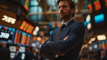 Fototapeta premium Professional businessman standing with arms crossed in stock markets background
