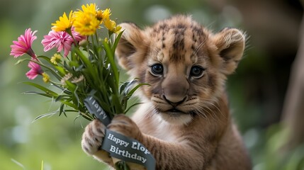 Cute baby lion holding bouquet of flowers and give for surprise, postcard for happy birthday greeting.