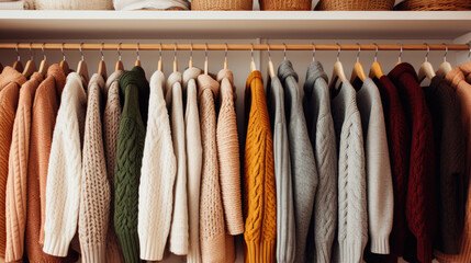 Neat row of knit sweaters hangs in closet, offering cozy wardrobe options. Ai Generated