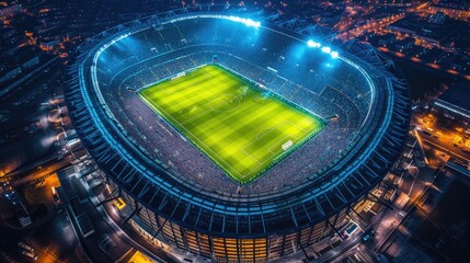 Aerial view of a soccer stadium in the evening a captivating sports panorama. Twilight allure, Ai Generated.