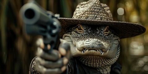 An alligator wearing a hat, wielding a gun with a fierce and daring stance, Ai Generated.