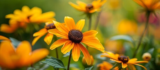 A cultivated ornamental flower from the daisy family, known for its yellow, orange, or copper brown blooms. - obrazy, fototapety, plakaty